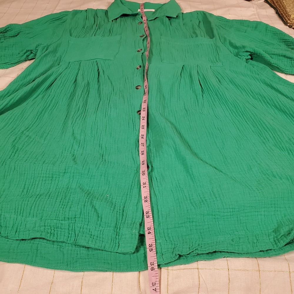 Ces Femme Waffle Shirt Dress Green Short Puff Sleeves 1XL Button Down A Line - Picture 3 of 5